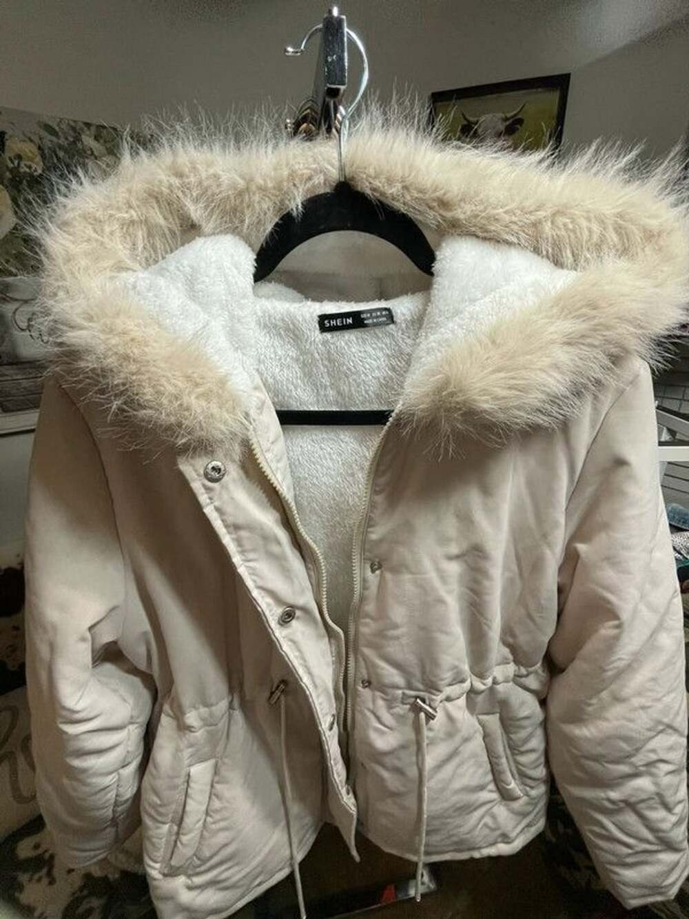 Cream Puffer Jacket Faux Fur Hoodie Size 6